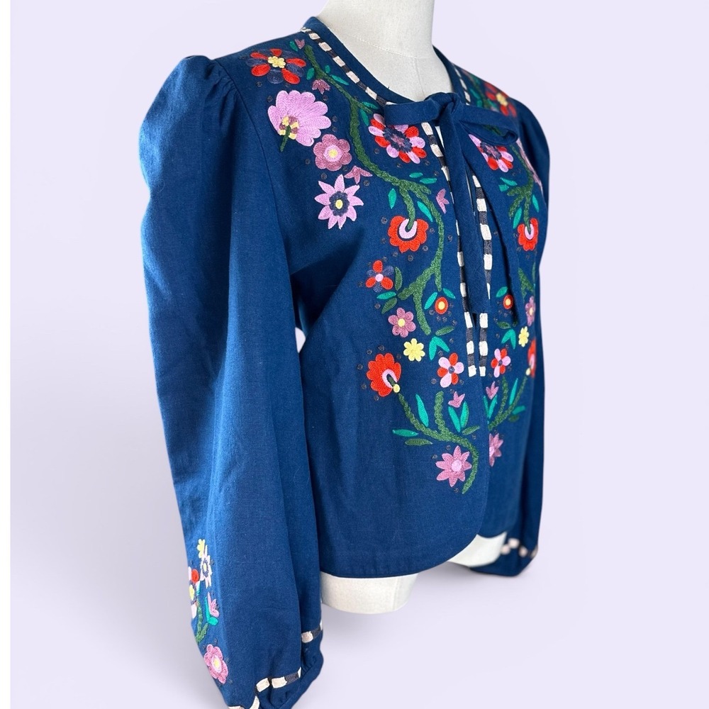 Alix of Bohemia Cabana Jacket Size Large Blue Floral Embroidered Linen Tie Front - Picture 4 of 12